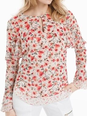 WHBM White/Pink Floral Keyhole Long Bell Sleeves Ruffle Blouse Size 4 LIKE NEW